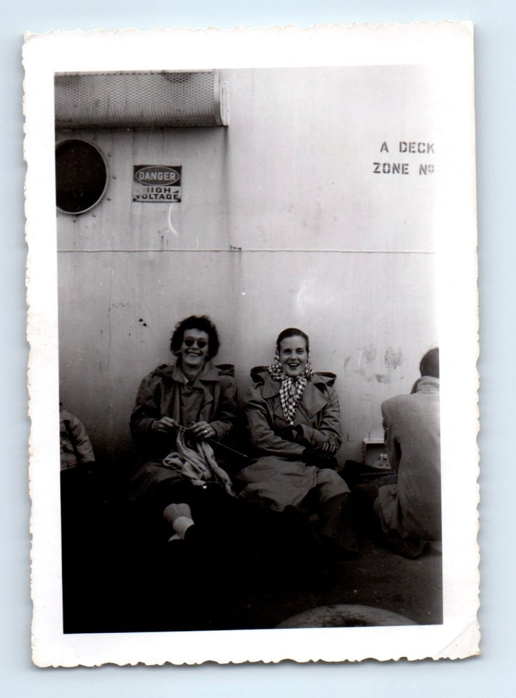 Old Vintage Photo WOMEN SITTING ABOARD SHIP DECK 1947 ANTIQUE SNAPSHOT