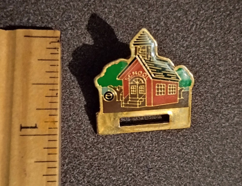 School House Tire Swing Red Gold Tone Enamel Lapel Pin Vintage Collectible A-4