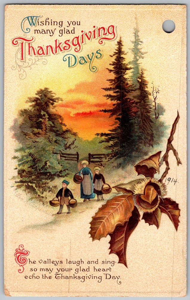 Antique Postcard Thanksgiving Teacher & Children Plymouth, IL 1910s