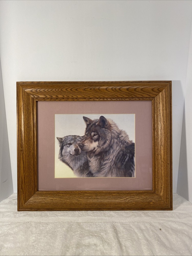 Vintage Wood framed Print of 2 Wolves Framed Matted 18 x 15”