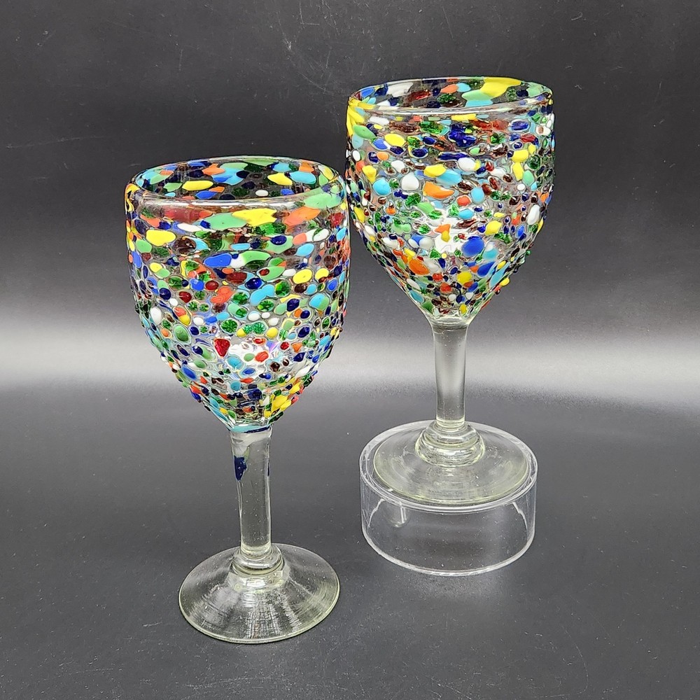 Set of 2 Mexican Confetti Wine Glass Goblets Hand Blown His & Hers 7.25