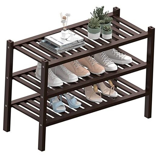 3 Tier Thick Bamboo Shoe Rack for Closet Free Standing Organizer in Brown