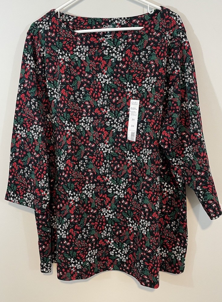 Croft Barrow shirt Top womens 3X boatneck Black Red Floral 3/4 Slv NEW christmas