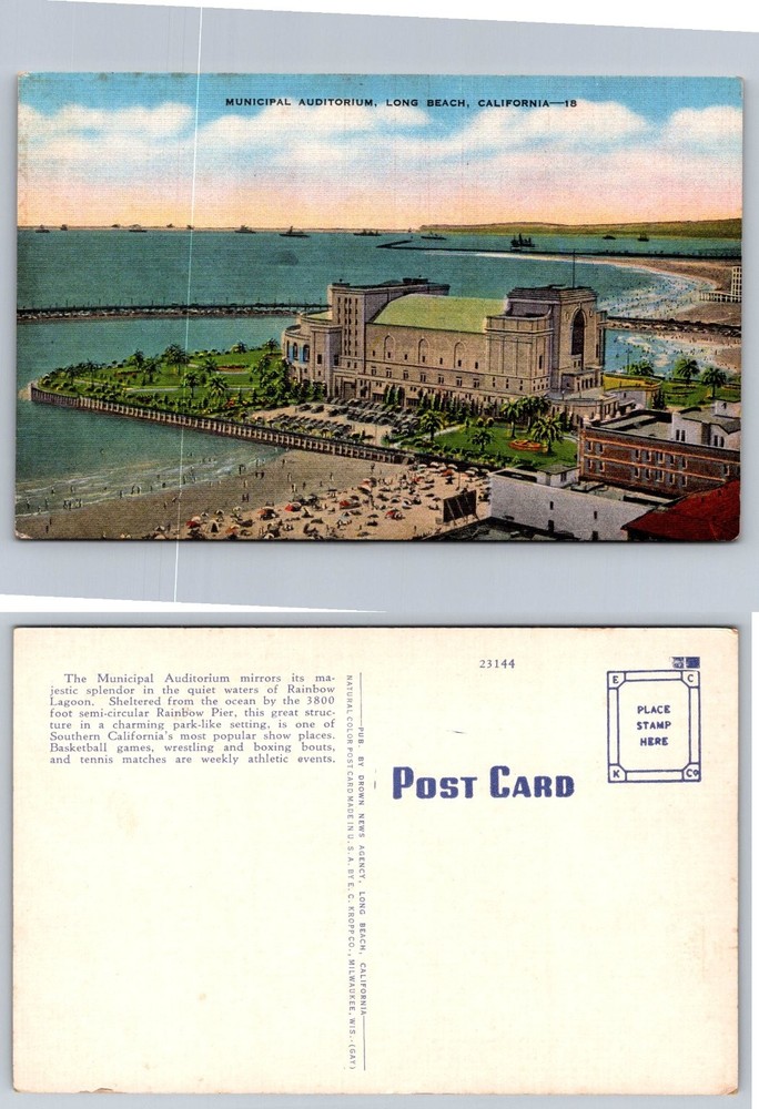 Long Beach CA Municipal Auditorium Rainbow Pier Vintage Linen Postcard