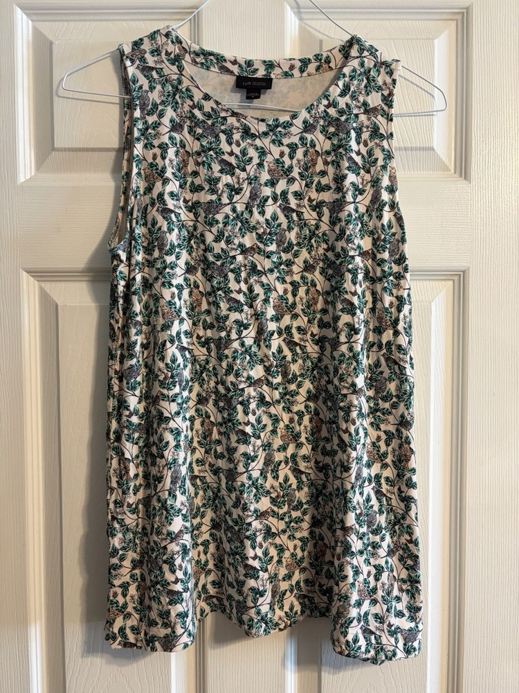 J Jill Wearever Bird Botanical Print Sleeveless Tunic Top Green Cream Knit Sz M