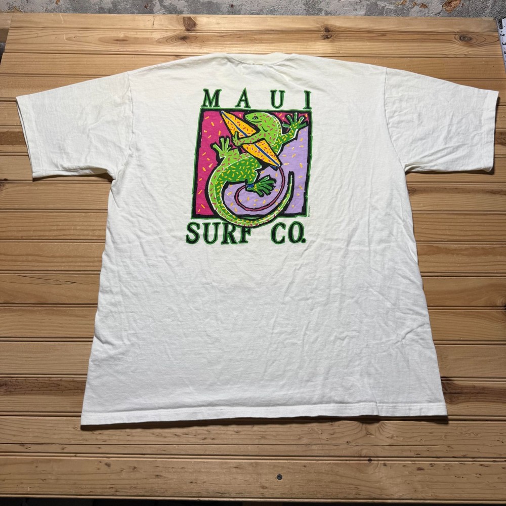 Vintage 90s Crazy Shirts Maui Surf Co Gecko Surfboard Hawaiian T-Shirt - Size XL