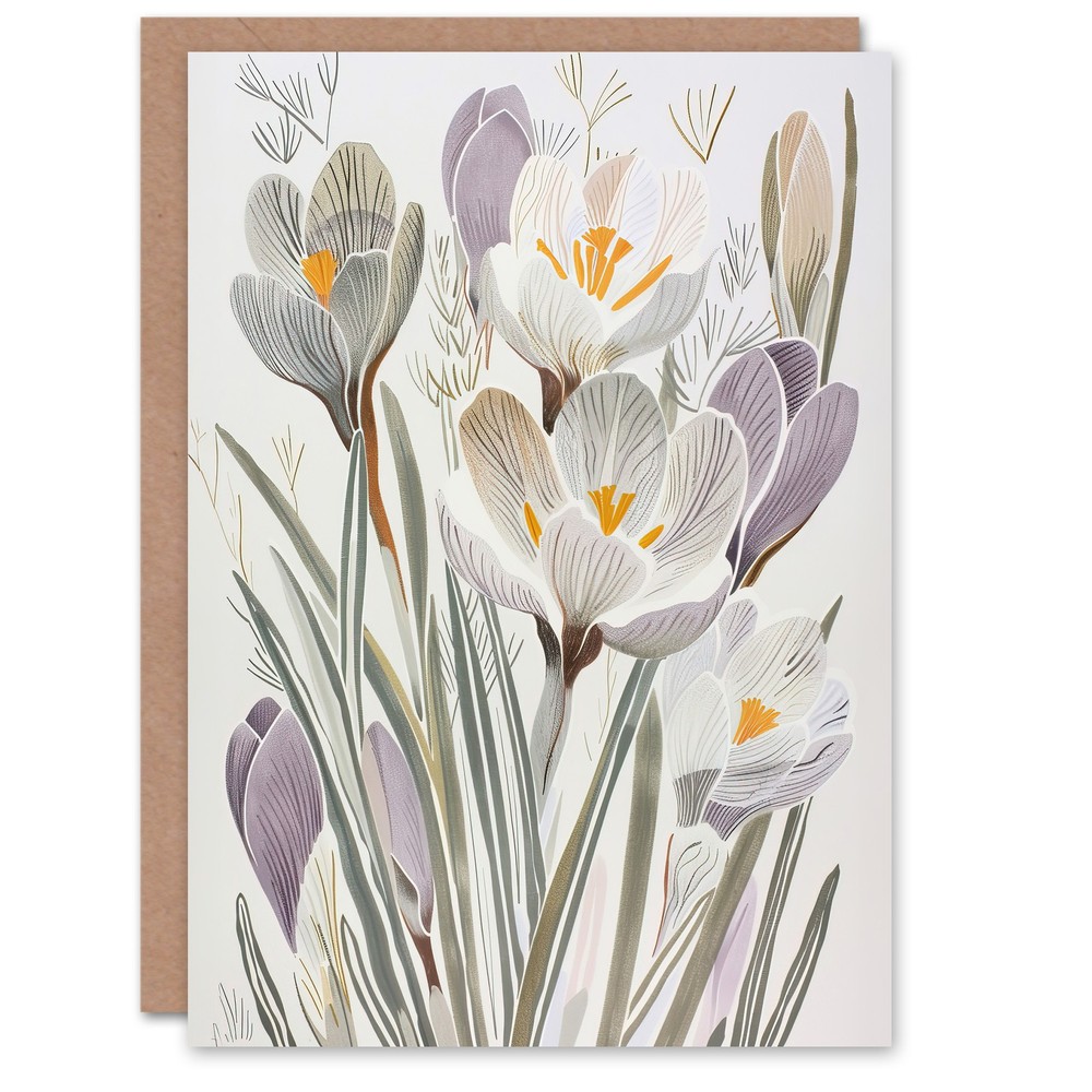 Greeting Card Crocus Flowers in Bloom Artwork Pastel Bouquet Blank Birthday