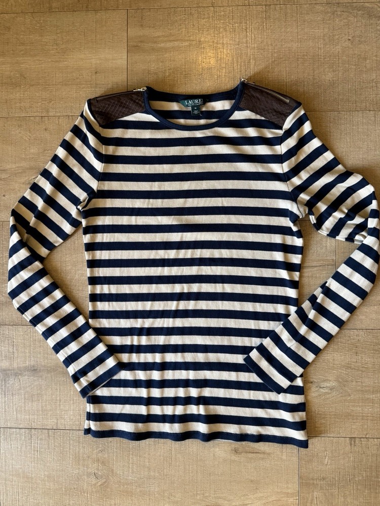 LAUREN Ralph Lauren Navy Tan Striped Long Sleeve Top preppy Breton medium