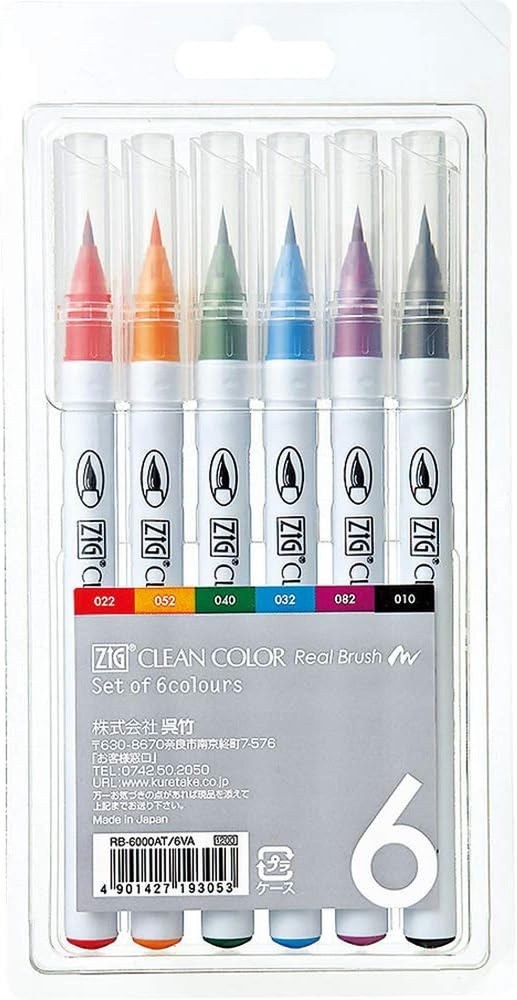 ZIG Clean Color Real Brush Pens, 6 Colors with Flexible Brush Tips, Watercolor P