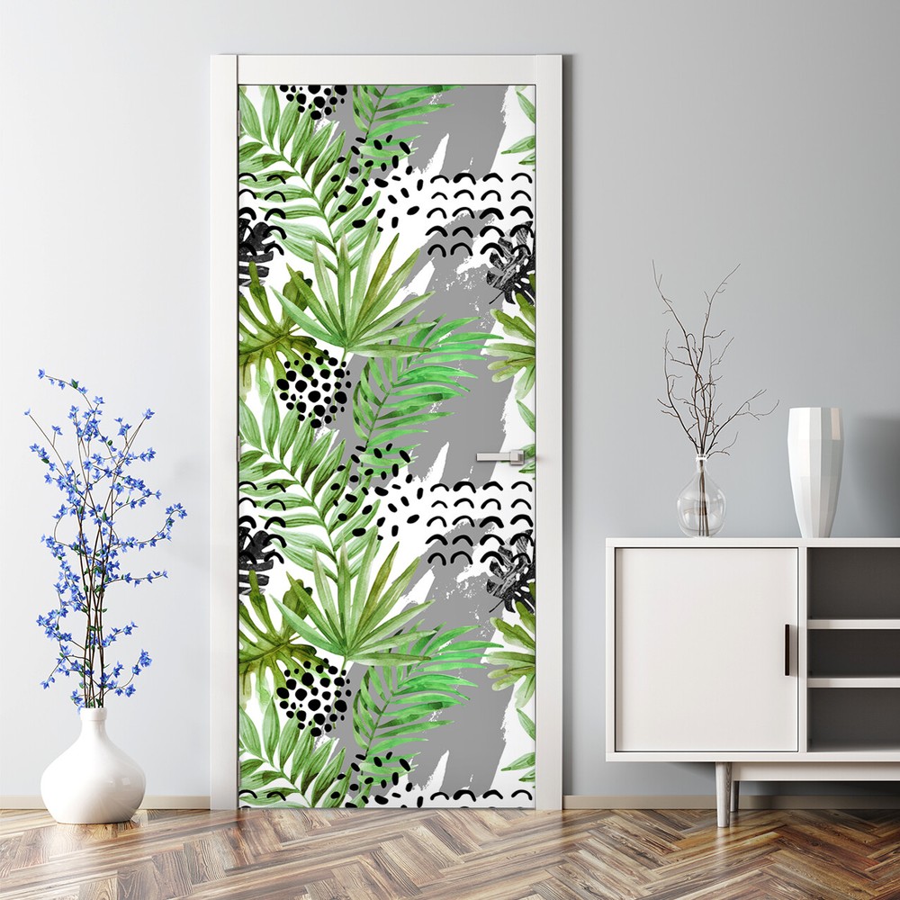 Tropical Ink and Leaves Bubble Free Door sticker Easy stick Self adhesive Decal