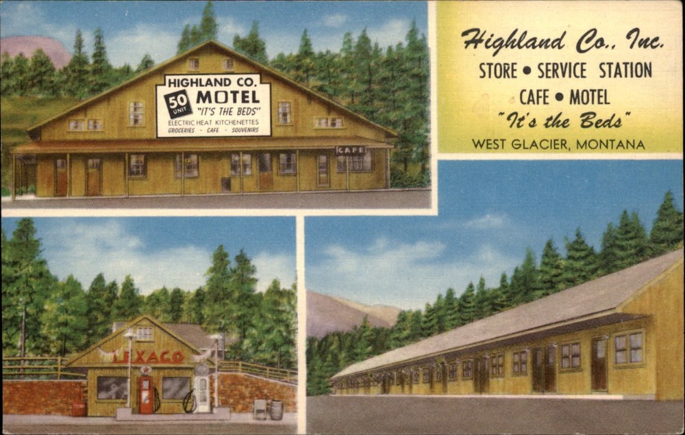 Wyoming Glacier National Park Highland Motel Texaco gas station ~ 1956 postcard