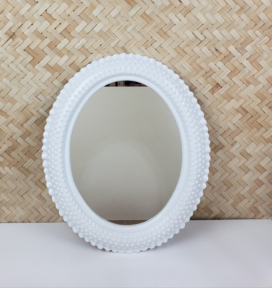 Vintage Mirror White Ruffled Edge Grannycore Cottage Hobnail Faux Milkglass USA