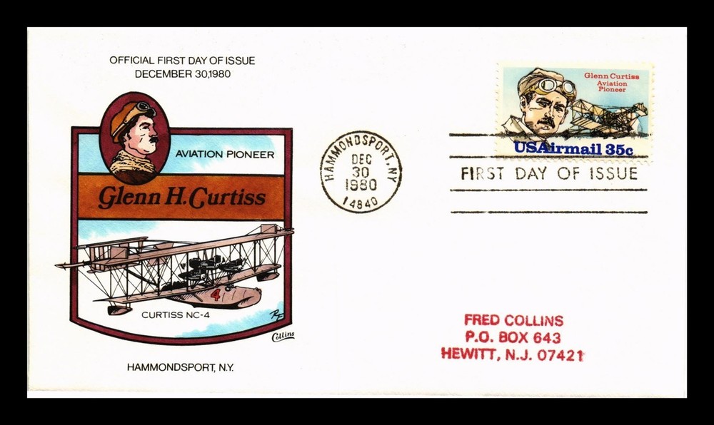 Dr Jim Stamps Us Cover Glenn H Curtiss Air Mail Fdc Collins Hand Painted