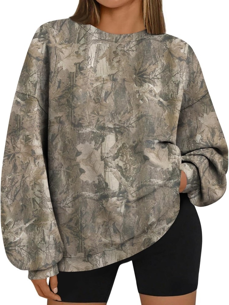 Camo Sweatshirt for Women Oversized Crewneck Sweatshirts Camouflage Fleece Pu...