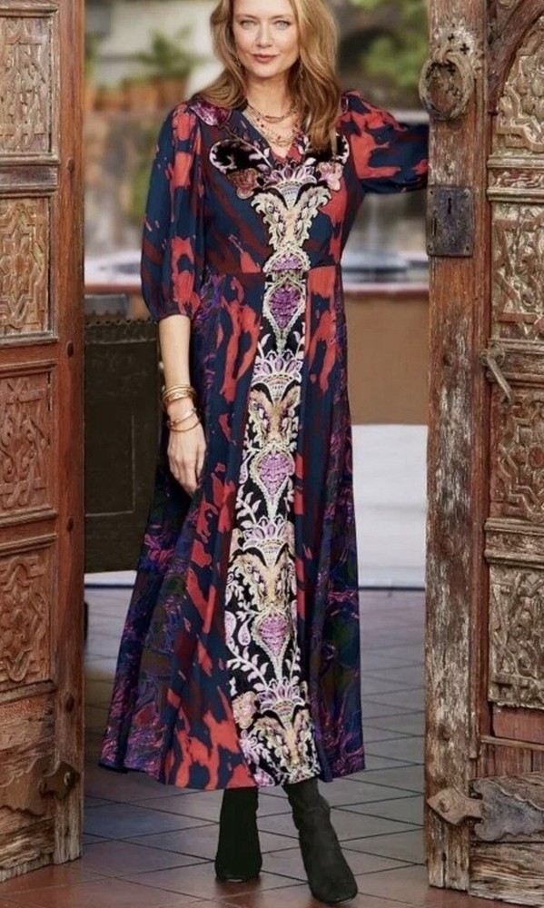 Soft Surroundings Epiphany Maxi Dress Womens 14 Petite Velvet Details Boho