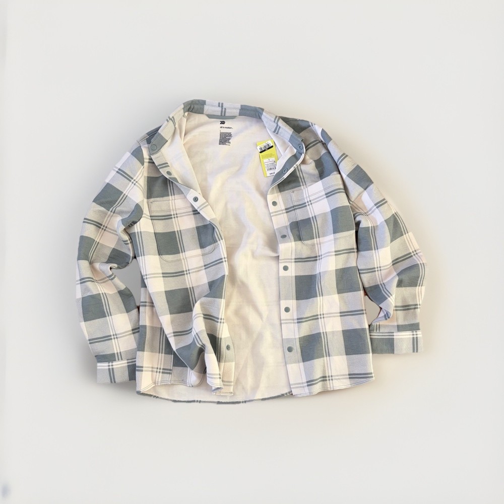 all in motion Men's Gray & White Plaid Long Sleeve Point Collar Button-Up L