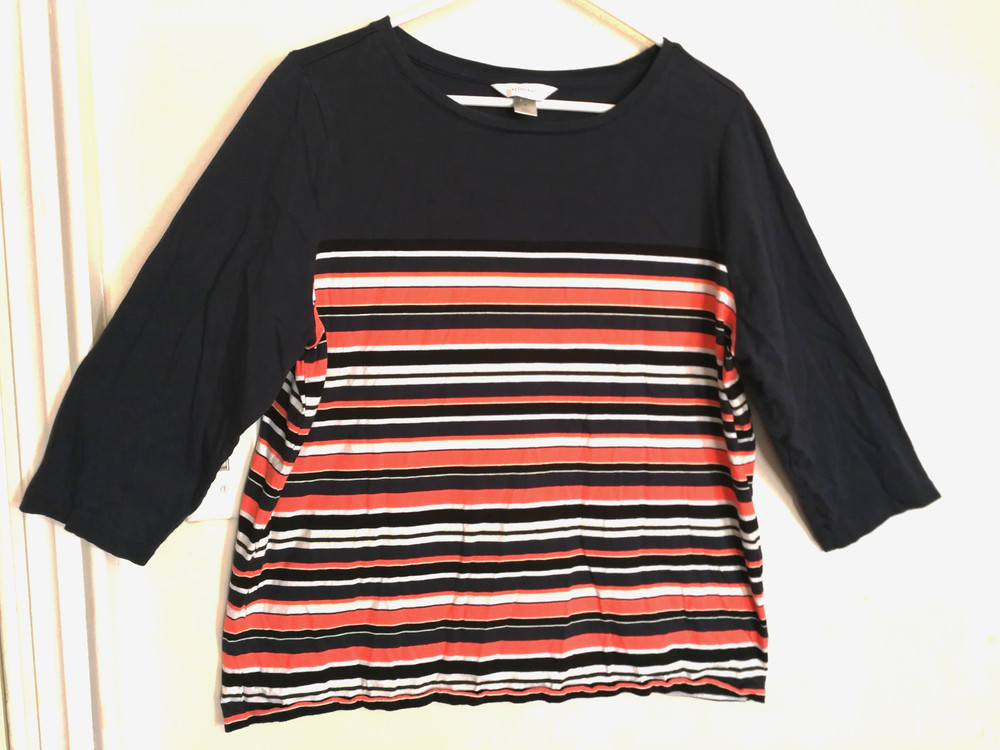 CJ Banks Womens Blouse 1X Plus Blue Pink White Striped Shirt Top 3/4 Sleeve Boho