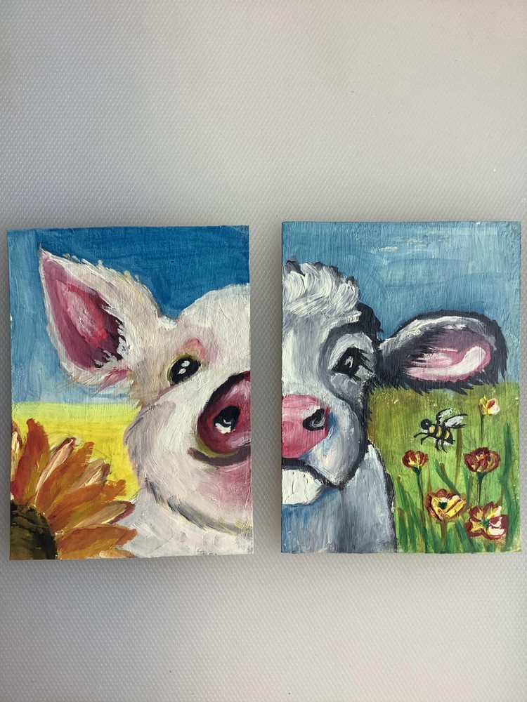Set of 2 ACEO Original Paintings Peeking Pig Sunflower Cow Bee Whimsical Farm