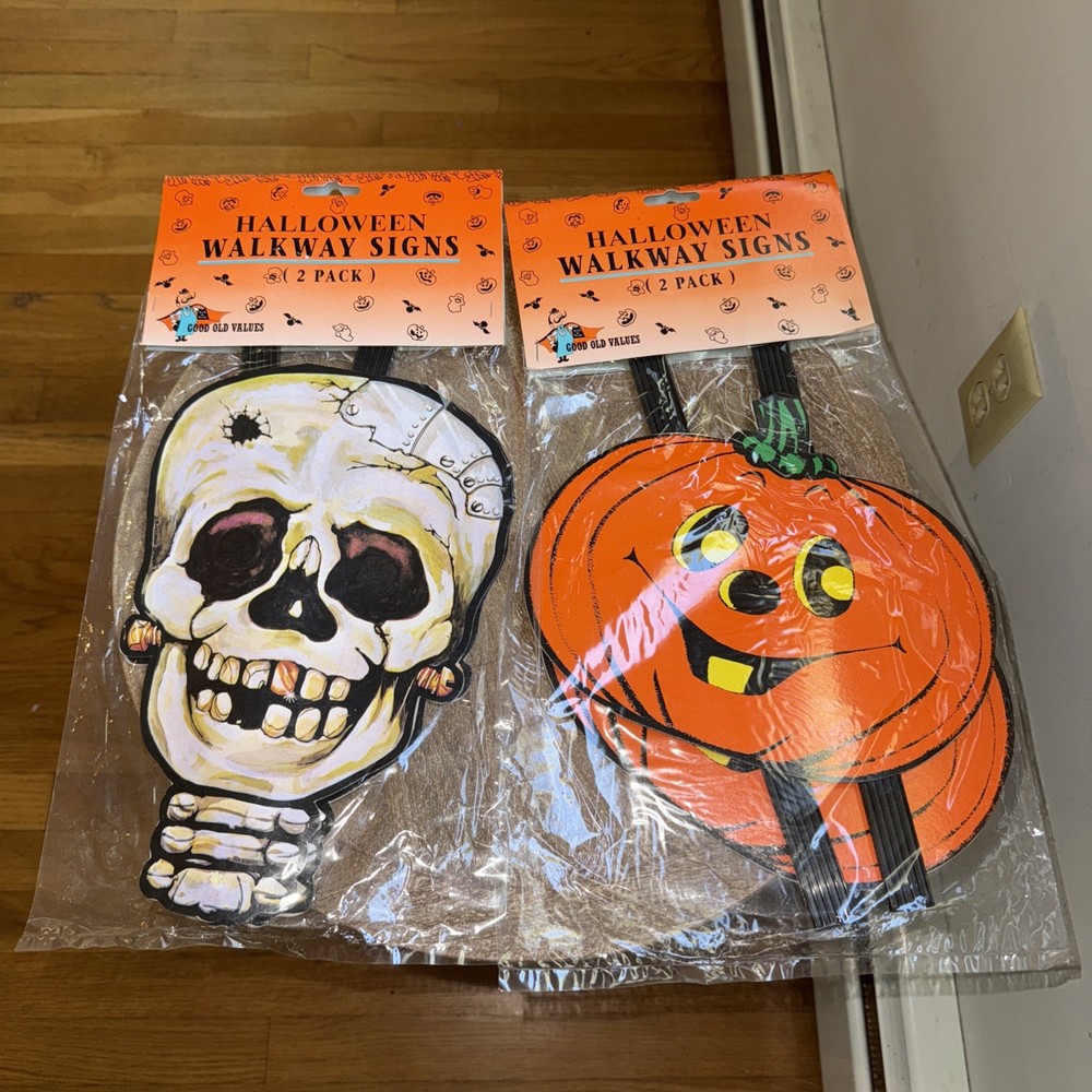Vtg Halloween Walkway Signs 2 Sets Rare NIB Pumpkin & Skeleton