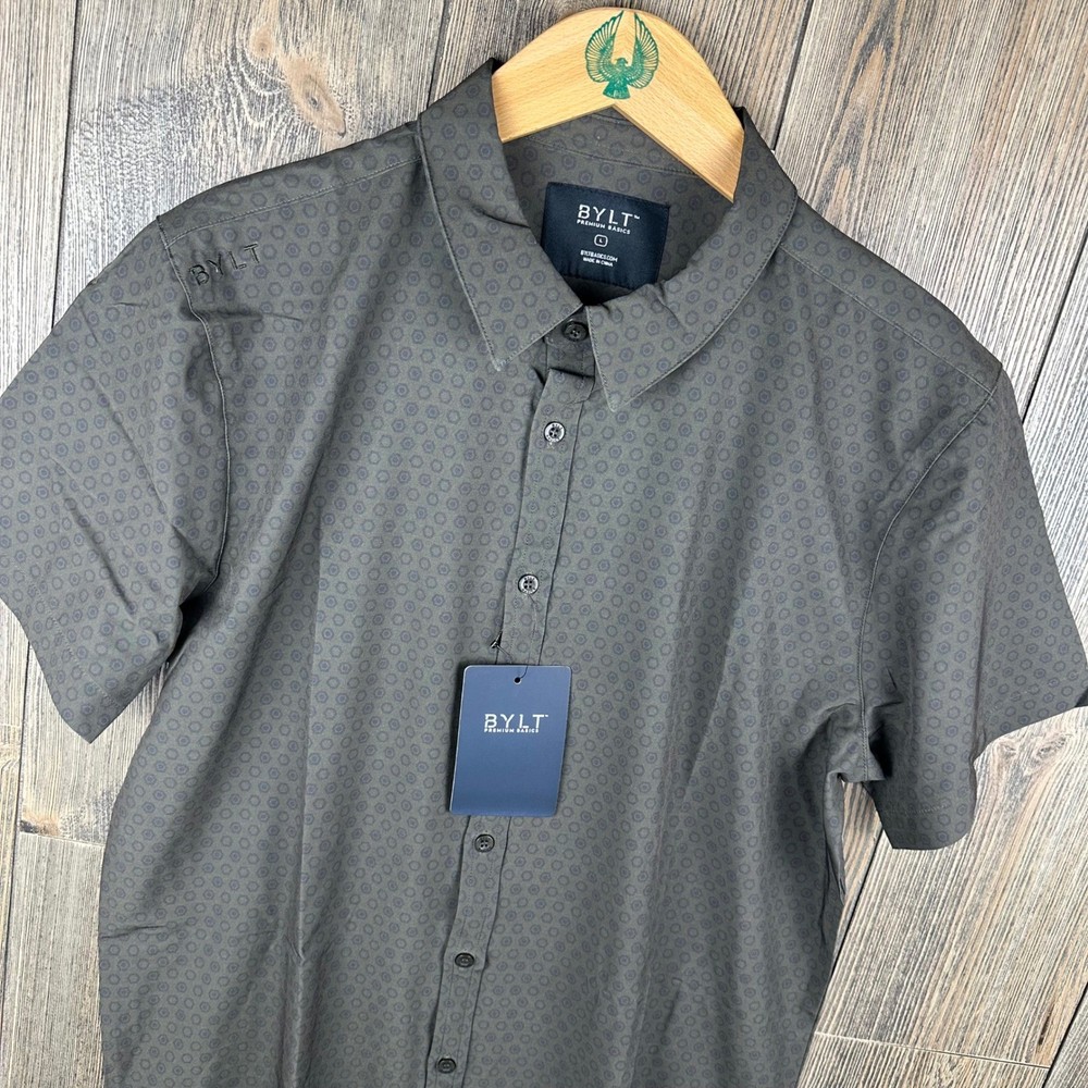 BYLT Premium Basics Riviera Button Down Shirt Mens Large Olive Green Hexagon NEW