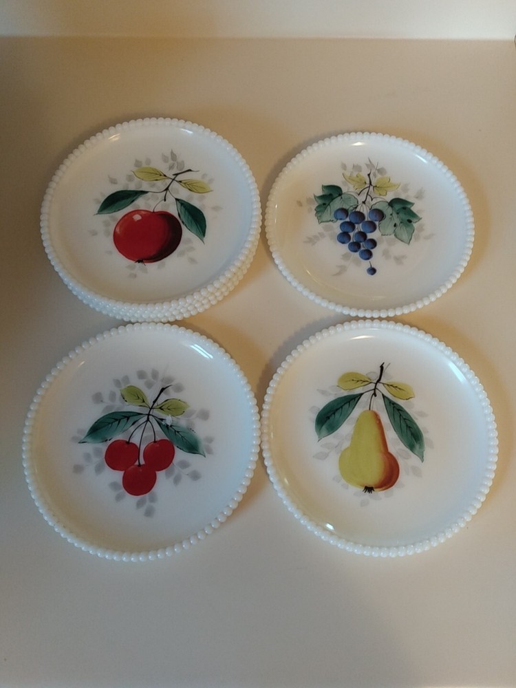 Lot Of 7 Vintage Westmoreland Beaded Milk Glass Fruit Plates,Hand Painted.7.25