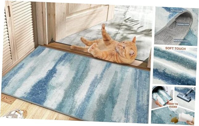 Nafall 2x3 Door Mat Indoor-Blue Modern Abstract Washable Kitchen Area Rug, Non