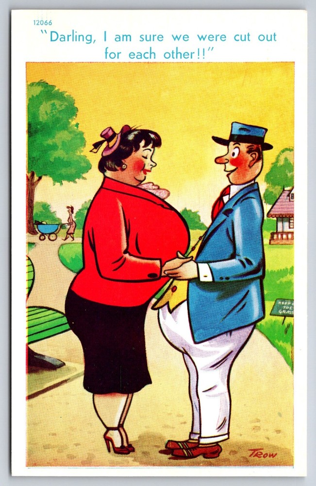 Vintage Comic Postcard Marriage Joke Overweight Husband Wife Big Bust