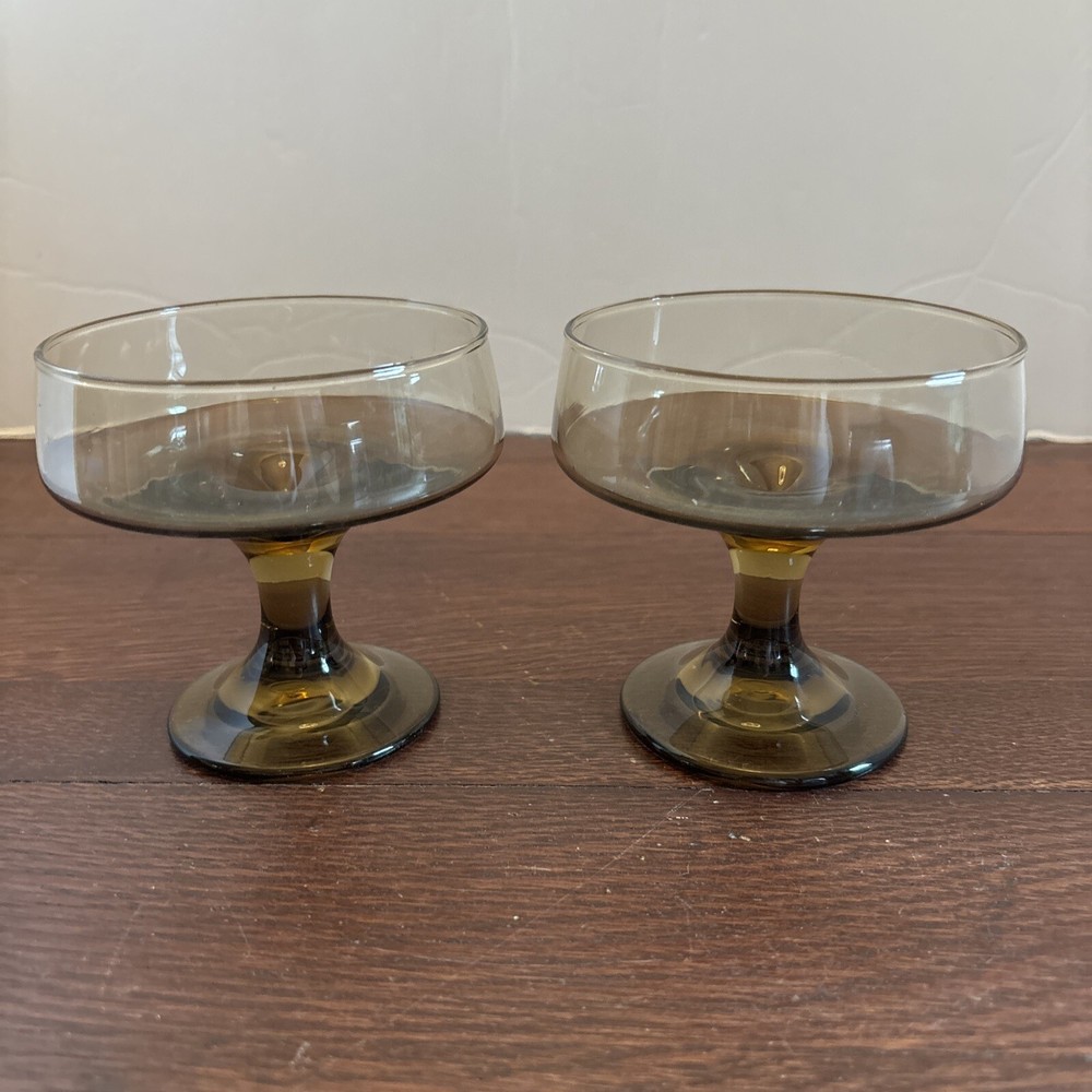 Set of 2 Vintage Tawny Brown Accent Smoke Footed Champagne/Tall Sherbet Glasses