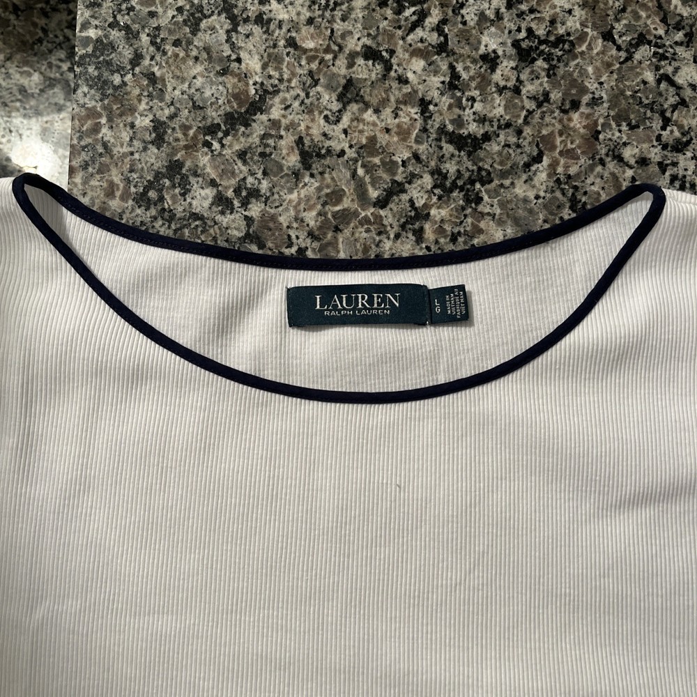 Lauren Ralph Lauren Women's Solid White with Navy Cotton T-Shirt Size L