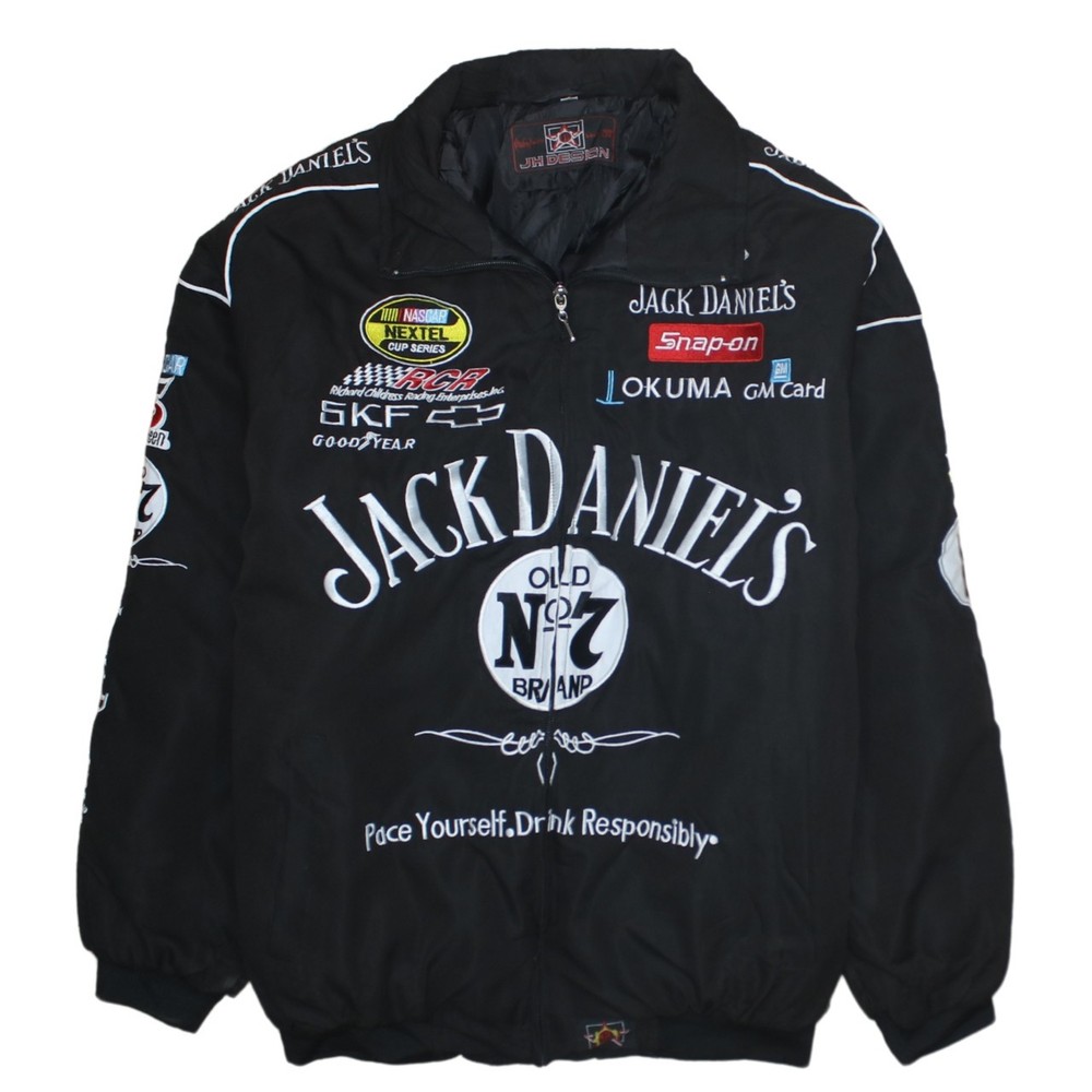 Jhdesign Mens Nascar Jacket Black Jack Daniels Racing Bomber Embroidered Logo L