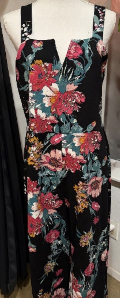 Xhilaration Women's Black Floral Sleeveless Wide-Leg Jumpsuit Tie Accents