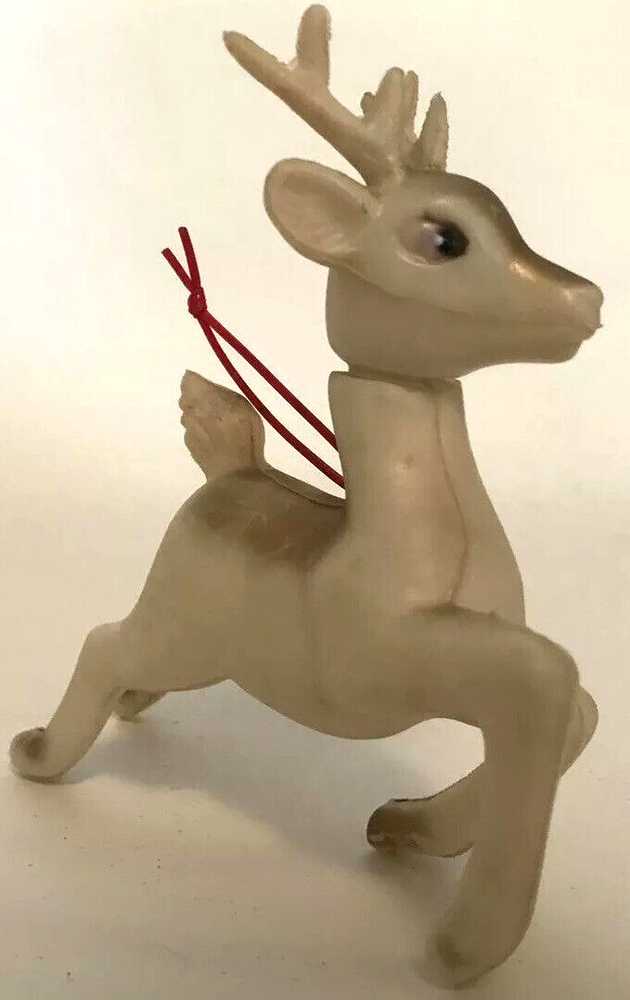 White Christmas Reindeer Deer Soft Plastic Poseable Head Ornament Hong Kong Vtg