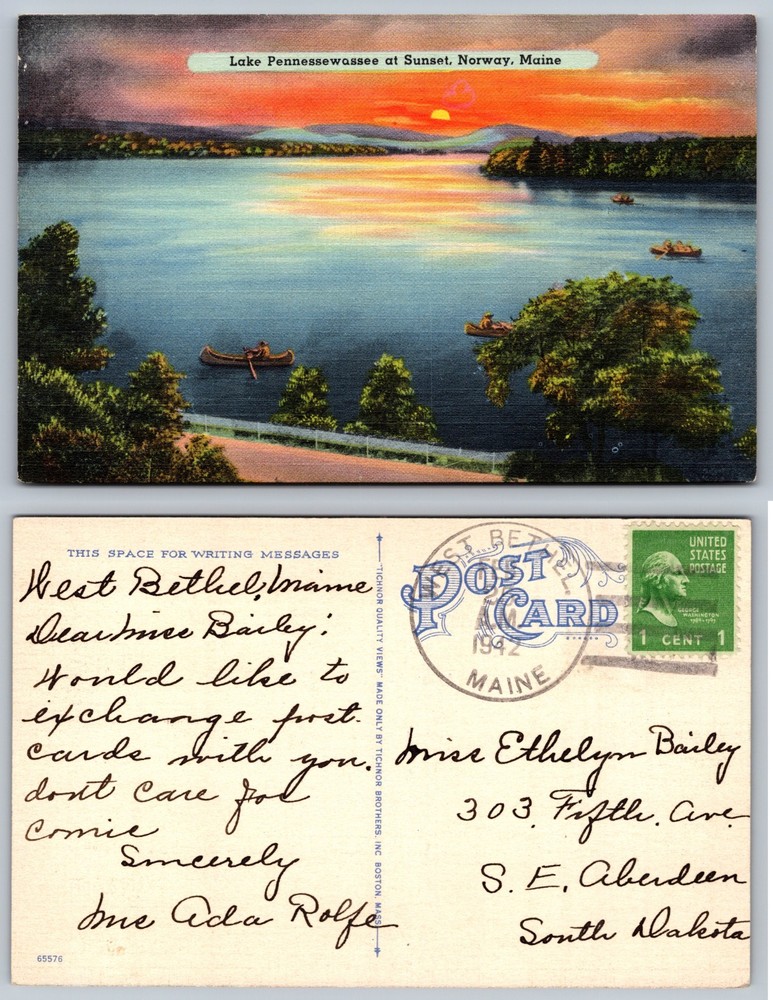 Lake Pennesseewassee Sunset Norway Maine Postcard