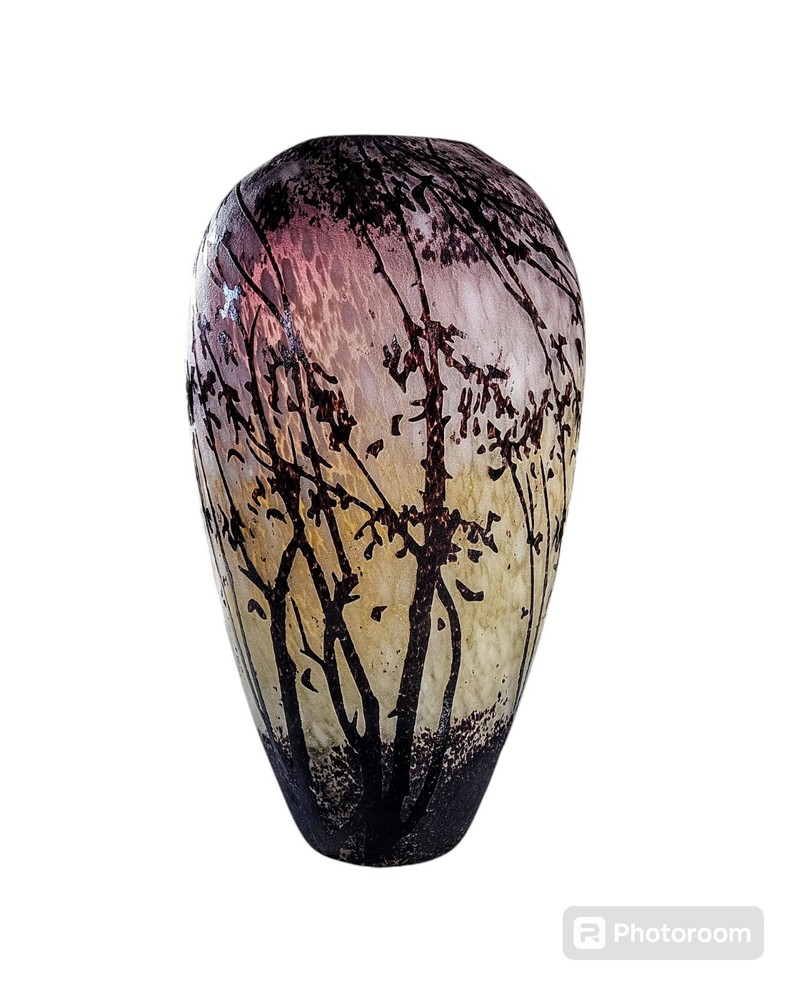 Acid Etched Cut Vase 12” Tall Trees Cameo Glass Amethyst Beige Art Nouveau Style-image