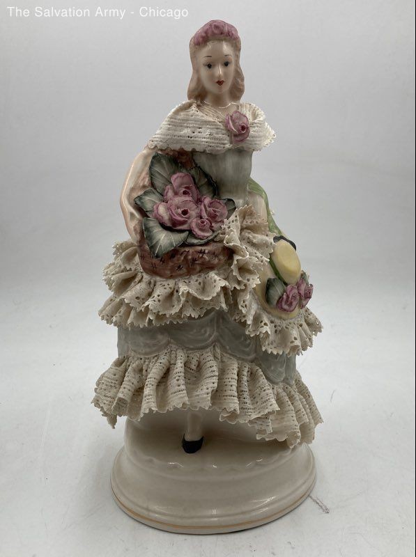 Multicolor Porcelain Hand-Painted Women In Dress W/Flowers Decorative Figurine