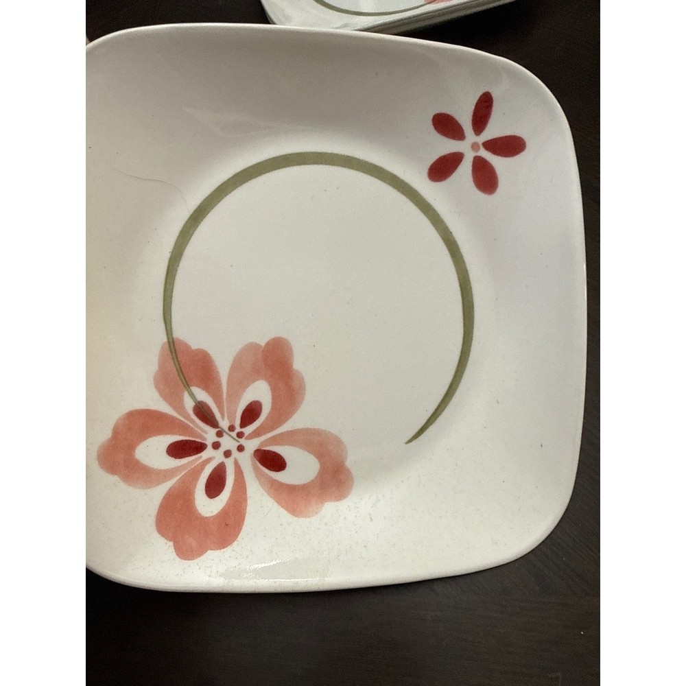 Corelle Kyoto Night Square Dinner Plate White Pink Red Floral 10.5 Inch Vitrelle