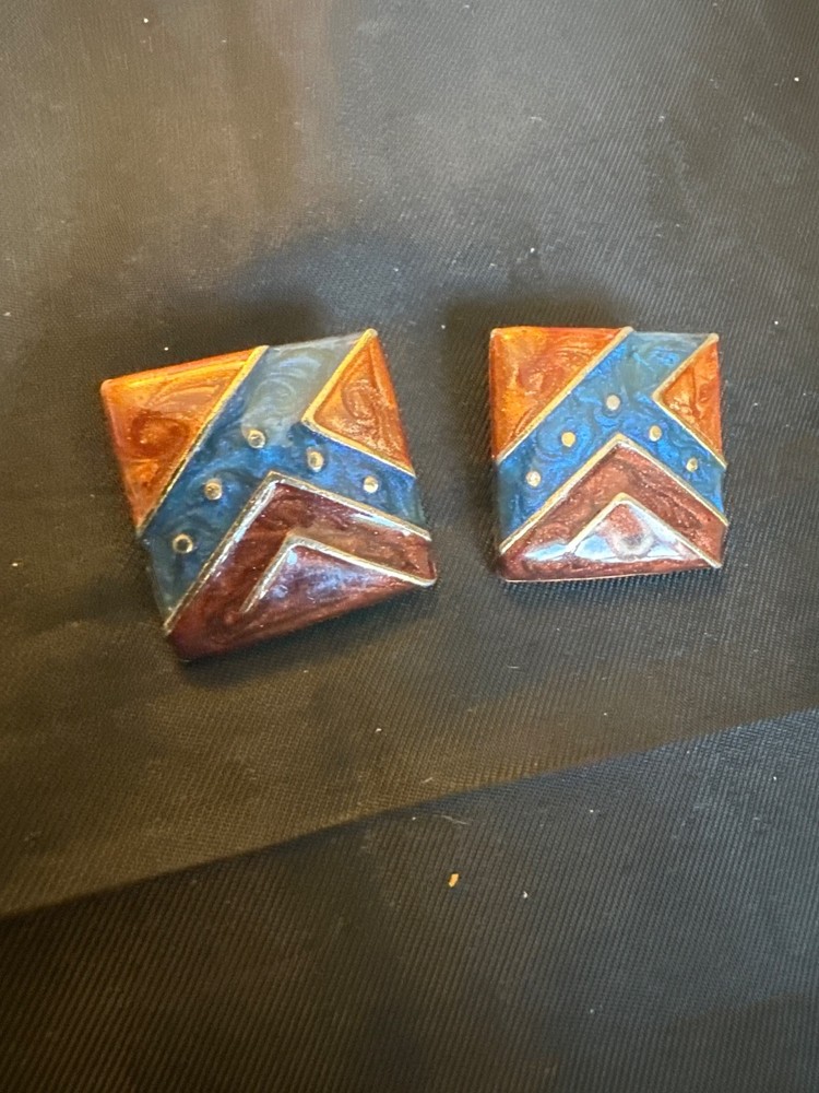 Vintage 1980s Enamel Clip-On Earrings - Geometric Modernist Design Blue & Amber