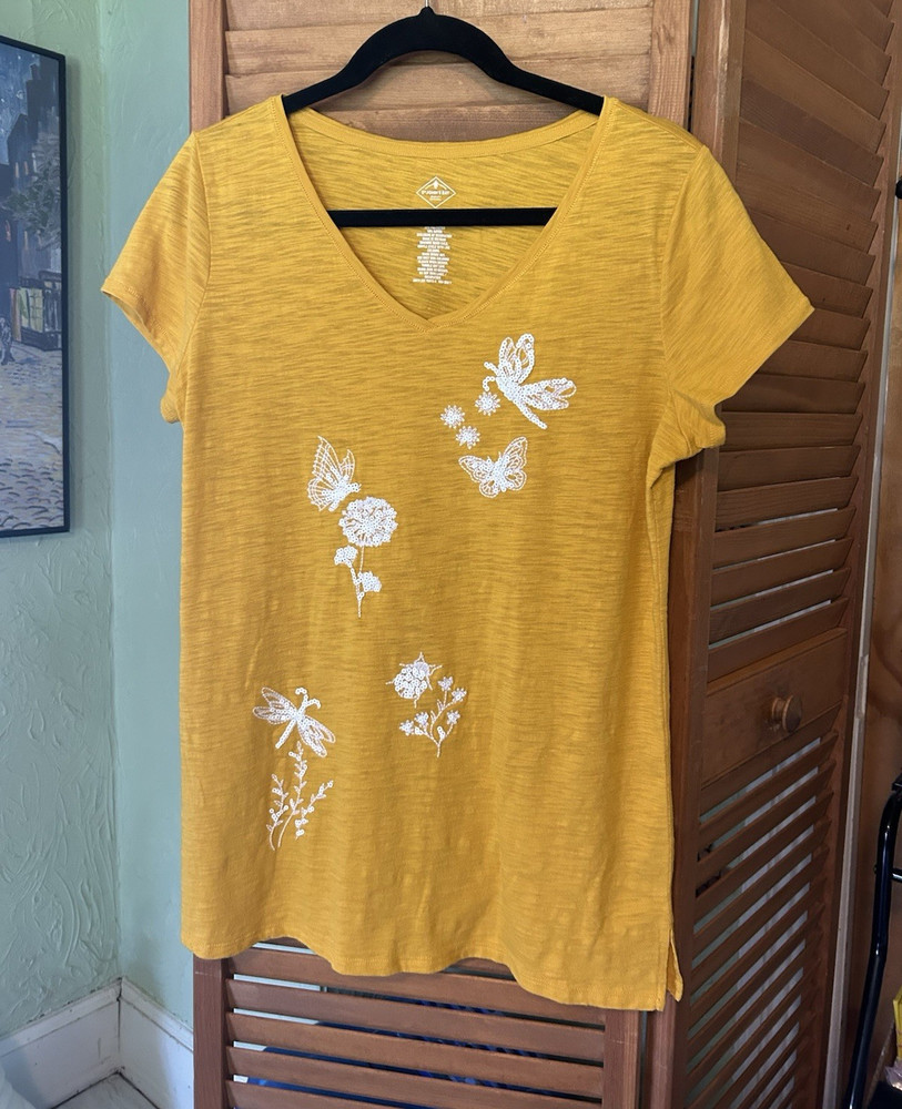 St. John's Bay Women's Knit Embroidered Butterfly V-Neck T-Shirt M Yellow