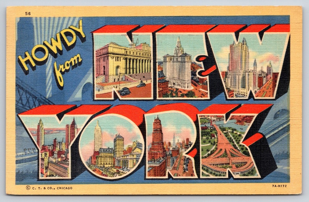 Howdy From New York~Skyline~Overpass Air View~Large Letter Linen 1949 Postcard