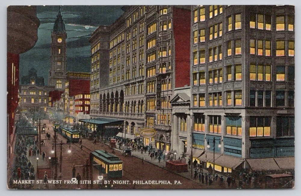 Market Street Philadelphia PA Night Scene Trolleys City Hall Clock Tower