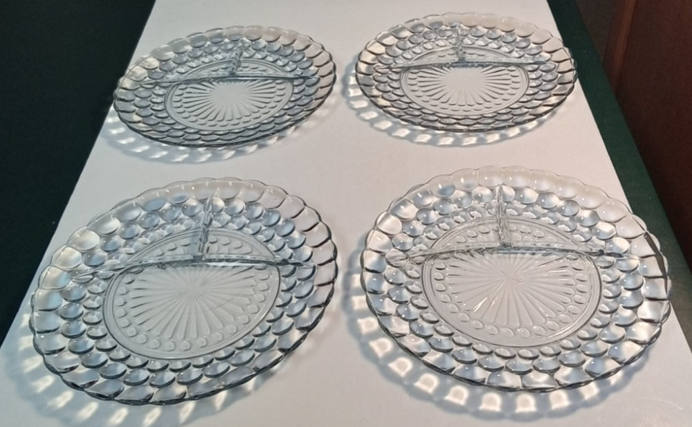 Anchor Hocking Blue Bubble Depression Glass 9-1/2” Divided Grill Plates Set of 4
