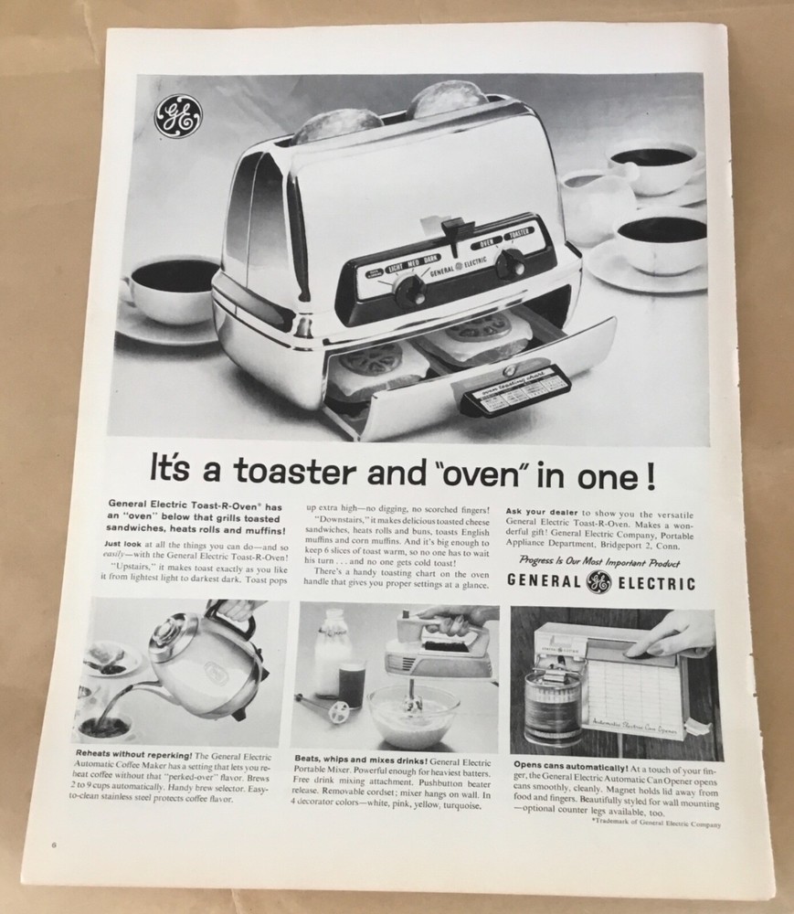 General Electric toaster oven vintage print ad 1960 art retro home decor tech