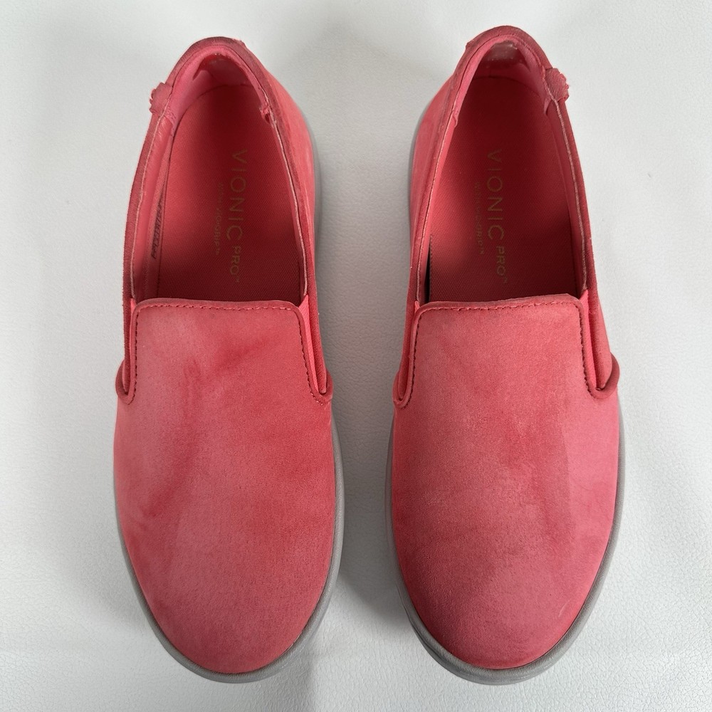 Vionic Avery Shoes Women's 7 Pink Suede Leather Comfort Slip On Sneaker Loafer