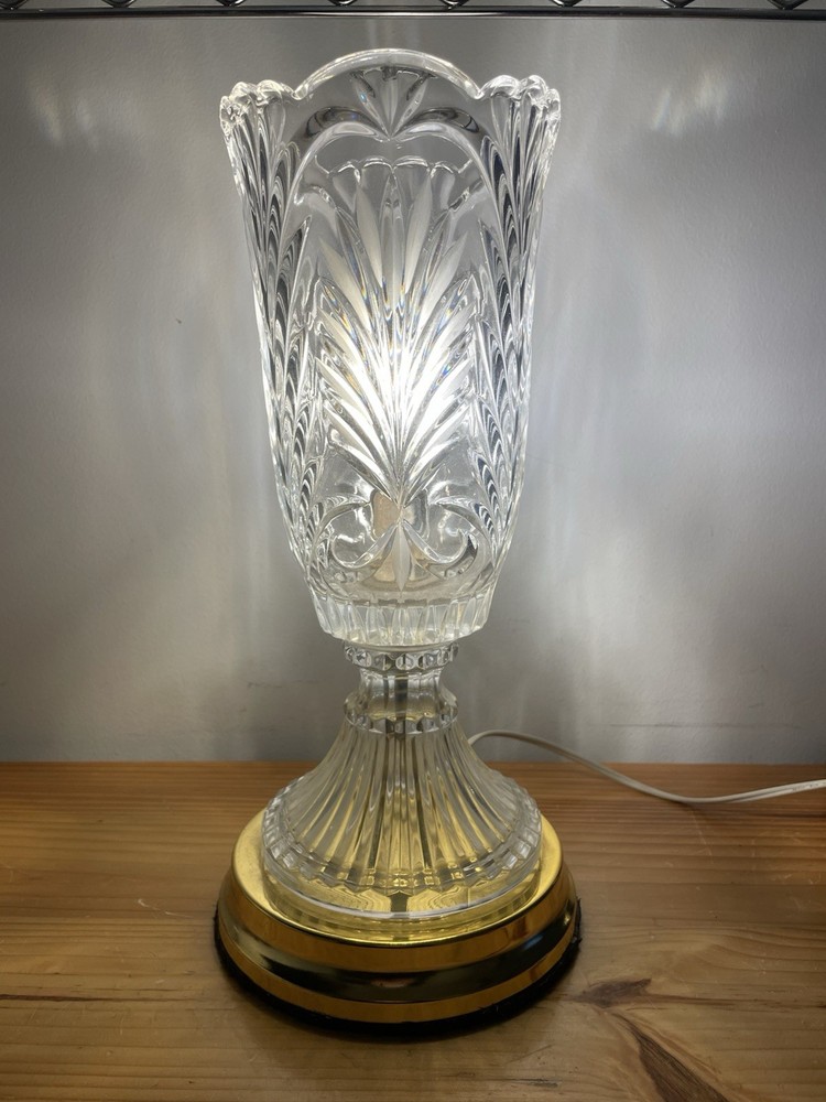Vintage Hollywood Regency Style Lead Crystal Torchiere Table Lamp 14” Tall