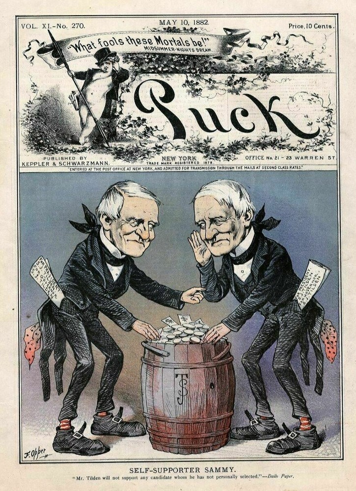 SAMUEL J. TILDEN CANDIDATE BARREL FULL OF COINS POLITICS PRESIDENTIAL ELECTIONS