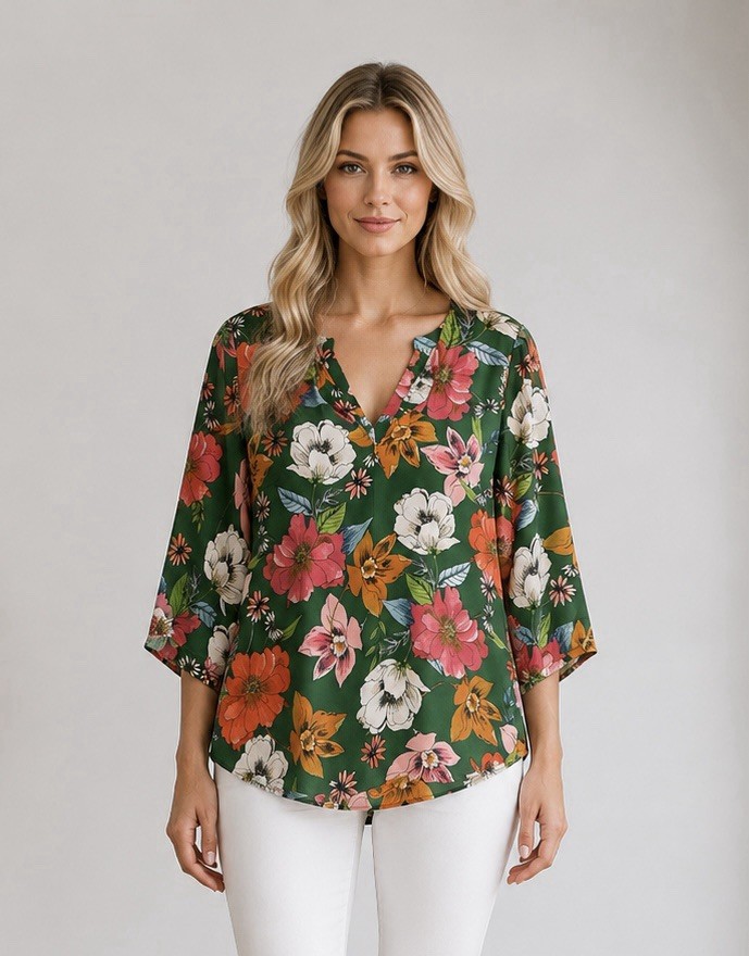 DR2 Womens Tropical Floral V Neck Top Size Small Lightweight Summer Resort Chic