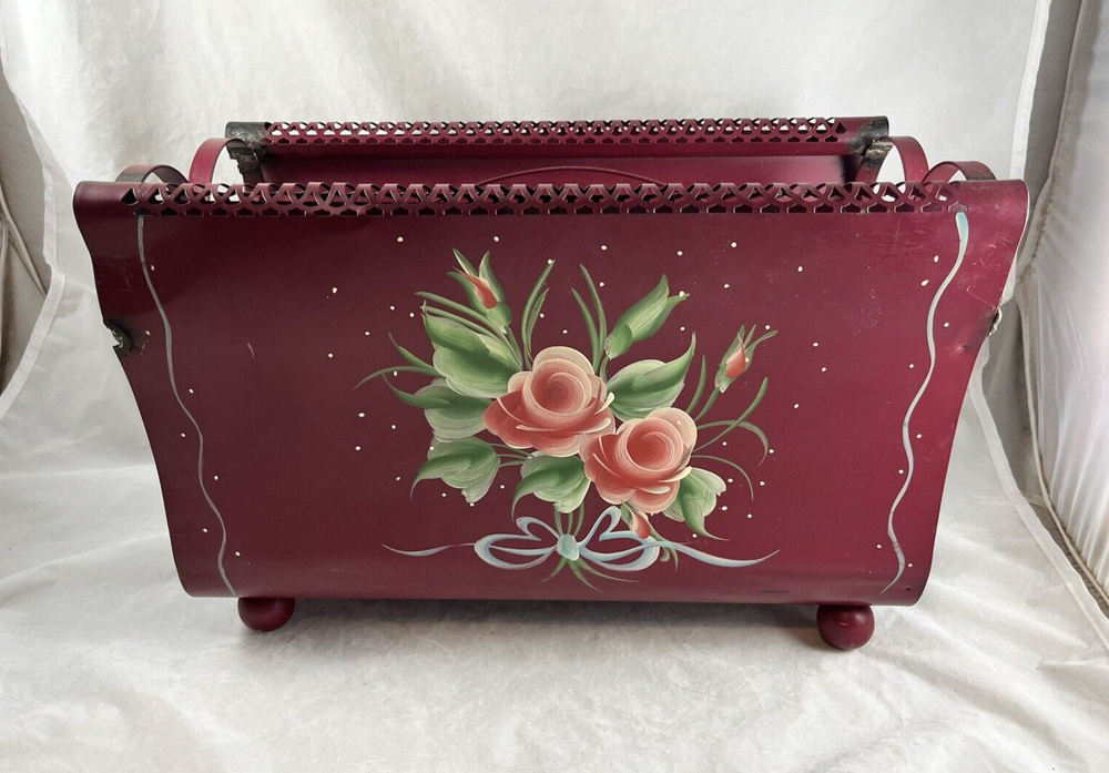 Burgundy Red Metal Toleware Tole Painted Magazine Rack Holder Floral Vintage