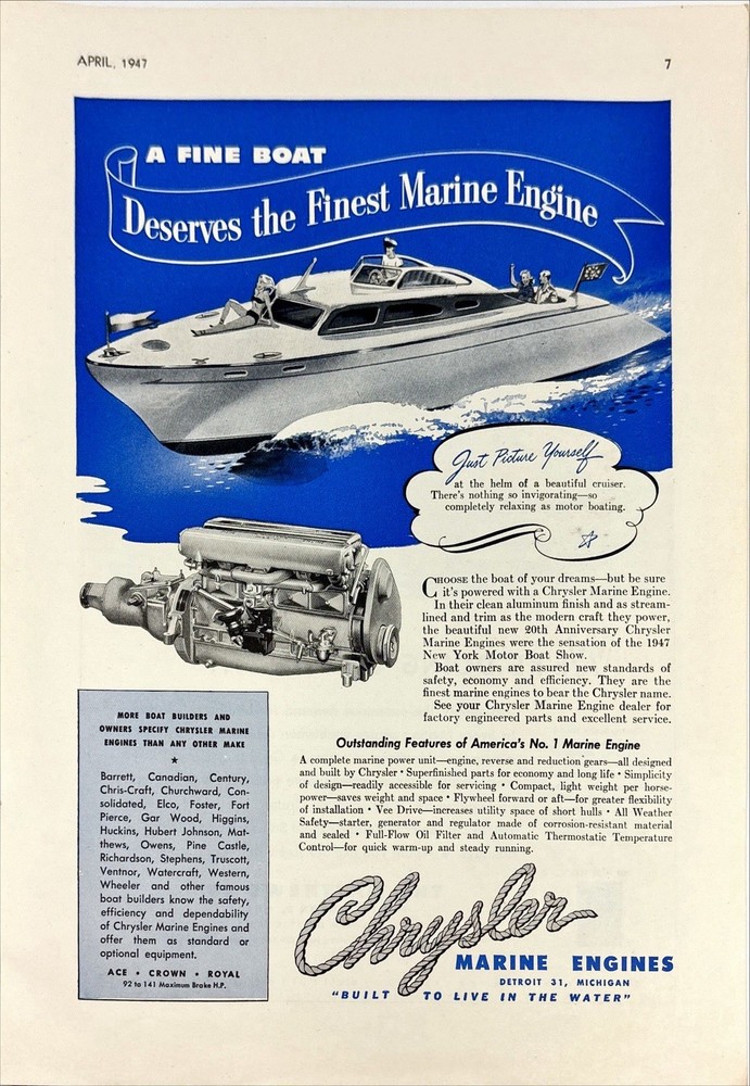 Chrysler Marine Engines: Built to Live in the Water, Vintage Print Ad 1947