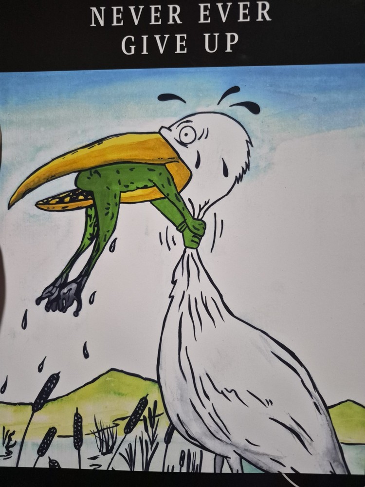 Never Ever Give Up Poster - Crane & Frog Print - 8x10 UNFRAMED Wall Art