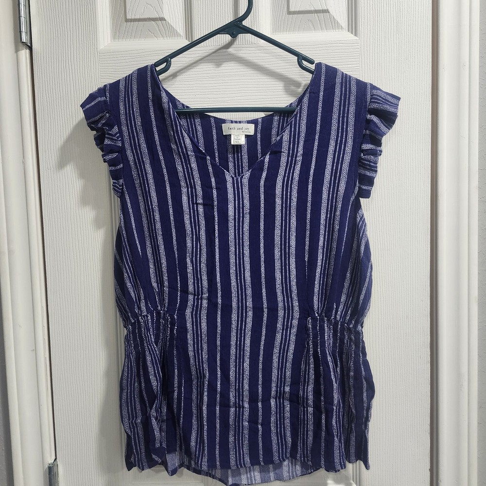 Faith & Joy XL Blue White Stripe Ruffle Sleeve Peplum Blouse Boho Casual Top